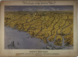 Panorama of the Seat of War: Pohled z ptačí perspektivy na Severní a Jižní Karolínu a část Georgie, 1861